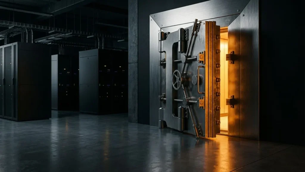 Minimalist dark vault door partially opened inside an enterprise server room.