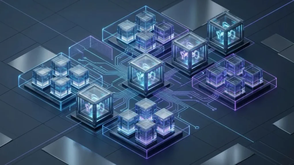 Isometric abstract render of secure cryptographic cloud systems and isolated nodes.